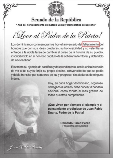 El Senado se confunde fallecimiento por nacimiento de Juan Pablo Duarte